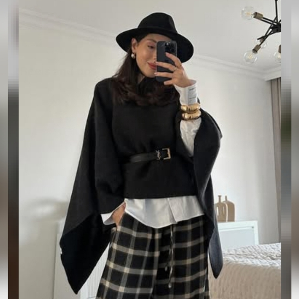 ZARA WOOL CAPE WITH ASYMMETRIC COLLAR SCARF GREY
